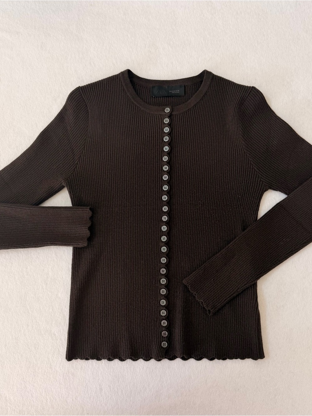 Zara Brown Ribbed Scalloped Knit Cardigan